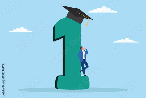 Vector illustration of a worried businessman standing under a first place award and graduation cap, symbolizing the pressure and anxiety tied to academic and career success