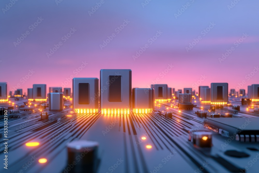 Fototapeta premium Futuristic cityscape of circuit board technology