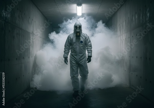 Person in protective gear amidst fog symbolizes mold remediation safety.  a person in a white hazmat suit and gas mask, walking through a cloud of smoke in a concrete hallway, wallpaper
