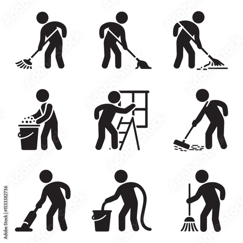 Housekeeping and Cleaning Services Stick Figure Icons Set – Vector Illustration