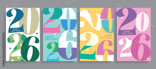 2026 happy new year clipart poster set. Colorful 2026 text, greeting, calligraphy and typography for new year calendar card, numbers and flyers invitation banner template clip art collection vector 