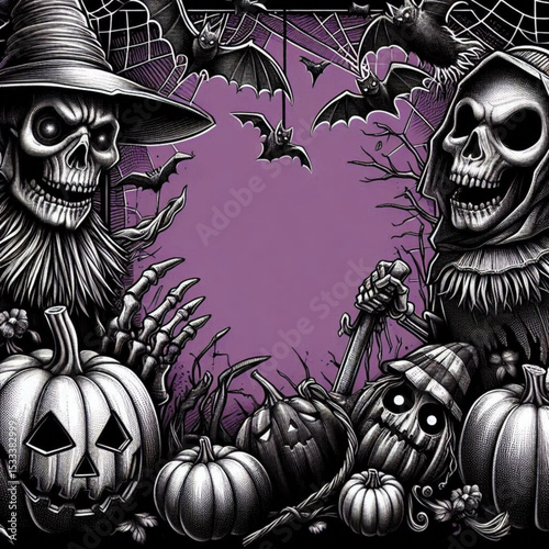 Spooky Halloween Illustration Skeletons, Pumpkins, Bats, and a Haunted Scene