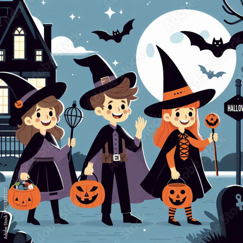 Adorable Kids in Halloween Costumes Trick-or-Treating on a Spooky Night