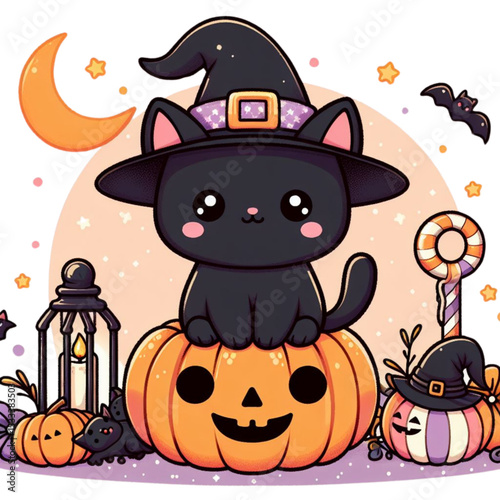Spooky Halloween vector set with cartoon pumpkin, black cat, and bat silhouettes under the moon, perfect for a horrifying night background illustration