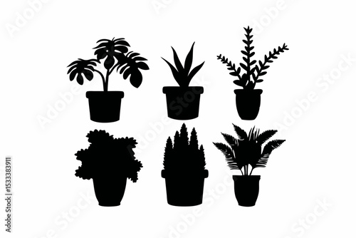 A six plants in pot silhouettes 