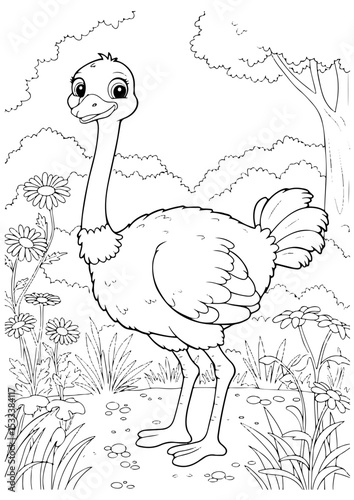 ostrich cartoon outline line art vector illustration for coloring page for chidren's kids, transparent background