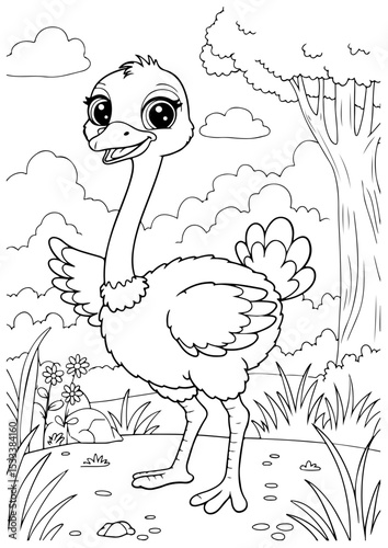 ostrich cartoon outline line art vector illustration for coloring page for chidren's kids, transparent background