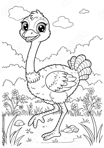 cute ostrich cartoon outline line art vector illustration for coloring page for chidren's kids, transparent background