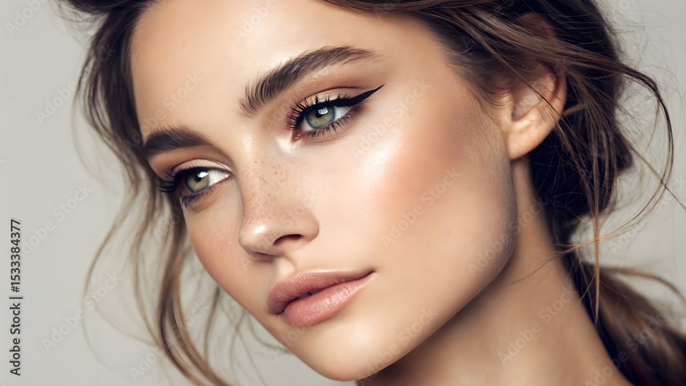 Obraz premium Close‑up portrait with digital eyeliner enhancements under soft lighting—merging beauty tech with graphic design accents.