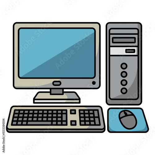 Desktop Computer Setup Vector – Monitor, CPU, Keyboard and Mouse Illustration