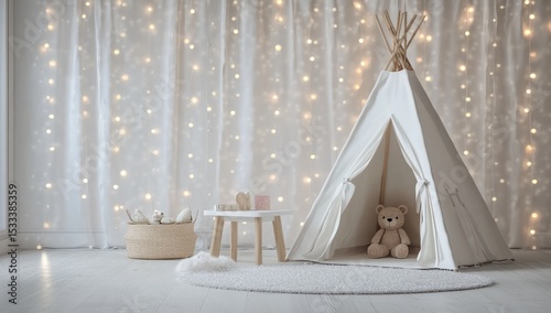 Enchanting interior scene of a child's teepee tent with luminous fairy lights
