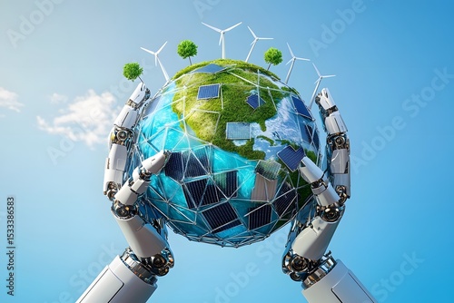 Robot hands holding earth with renewable energy sources for sustainability