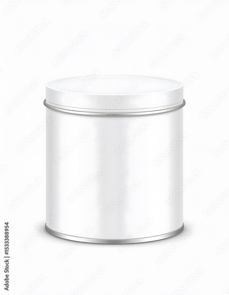 Clean white cylindrical tin can with silver trim on a white background Clean white cylindrical tin can with silver trim on a white background