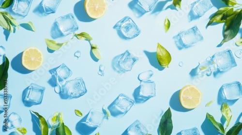 Refreshing arrangement of ice cubes, lemon slices, and green leaves against a blue backdrop