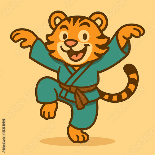 A cute cartoon tiger doing a crane-style kung fu pose on one leg, arms spread out, wearing a teal outfit. Goofy grin and raised eyebrow add humor. Flat background.