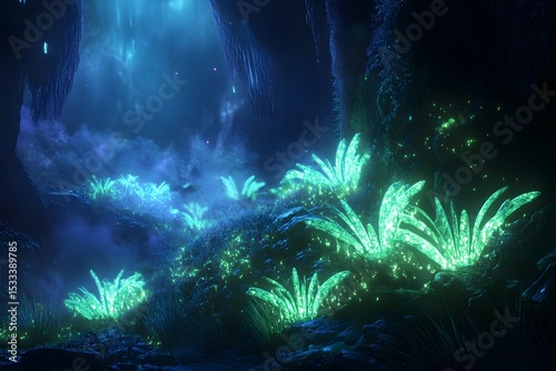 Serene and mystical glowing flora illuminate the depths of a mysterious, otherworldly, and ethereal cave environment.