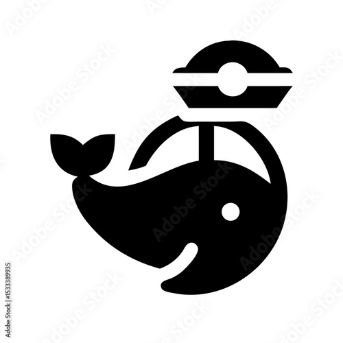 A whale with a sailor hat on its head in a playful minimalist icon style
