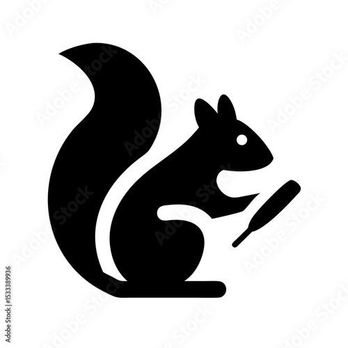 An outlined monochrome illustration of a squirrel holding a small item