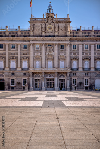 Madrid, Spain - May 30, 2025: Exterior of the Royal Palace of Madrid in the Centro district of Madrid in Spain
