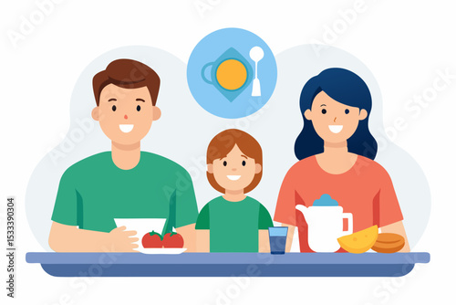 Happy family enjoying brunch together, with copy space