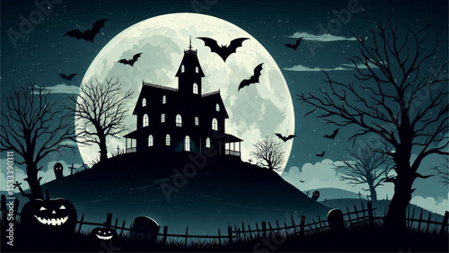 Spooky Halloween Night Haunted Mansion Silhouette Under Full Moon
