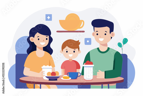 Happy family enjoying brunch together, at home, for websites and social media