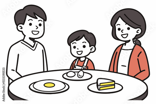 Happy family enjoying brunch together, simple line art style, with copy space