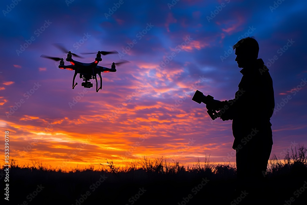 Fototapeta premium Silhouette of a man flying a drone at sunset capturing scenic aerial footage of dramatic sky