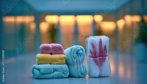 Folded blankets, towels, or cloths in various colors, presented on a surface, with a blurred background of modern interior
