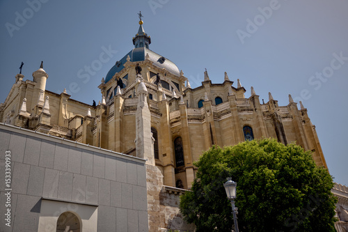 Madrid, Spain - May 30, 2025: Exterior of the Almudena Cathedral in the Centro district of Madrid in Spain
