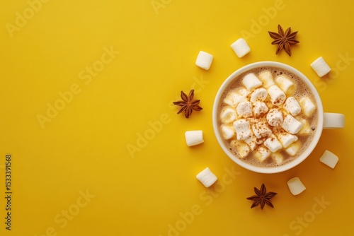 Aromatic hot chocolate with marshmallows and star anise on a vibrant yellow background