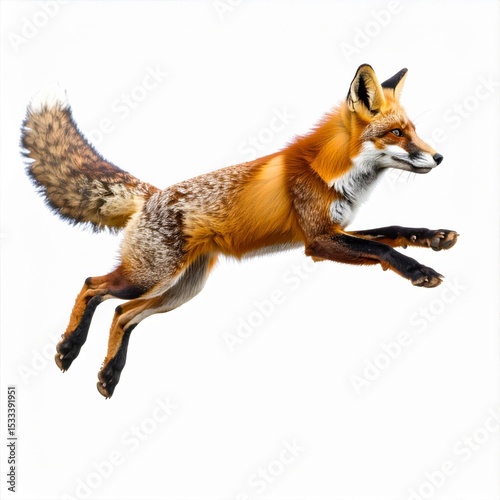 Red Fox in Mid-Air Jump Against White Background