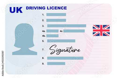 UK driving licence simplified illustration with female silhouette isolated on white background. Person driver license