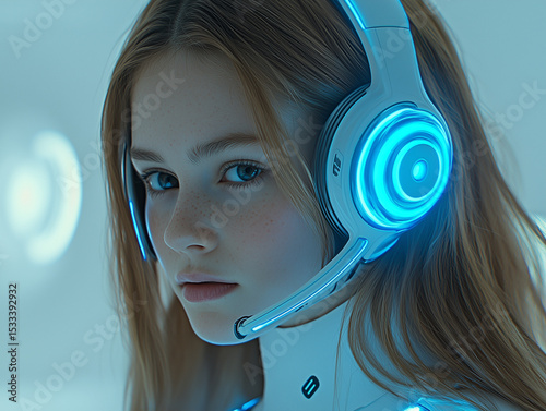 call center agent with a sleek, futuristic headset featuring glowing blue accents working a white themed modern call center office