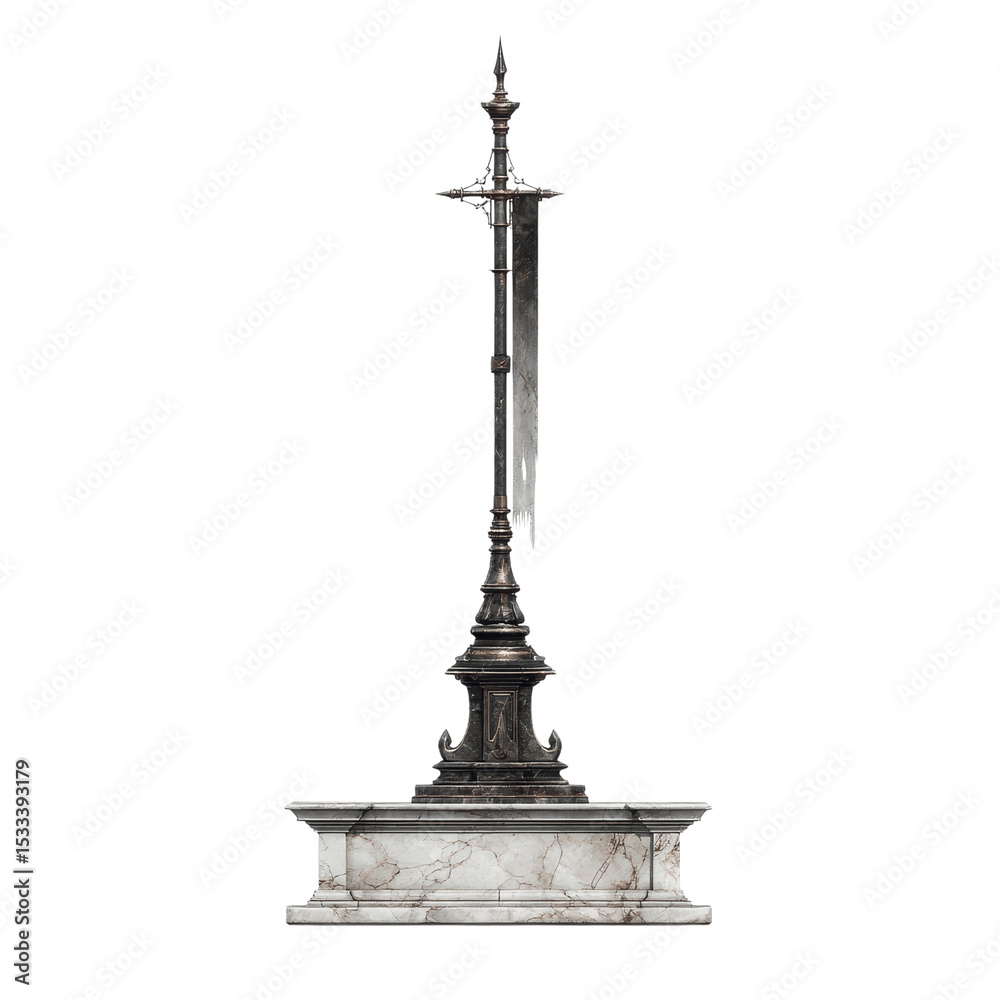 Naklejka premium Ornate Medieval Banner Pole with Tattered Banner on Marble Base - 3D Render