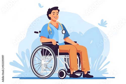Smiling medical professional wearing scrubs and stethoscope sitting in a wheelchair illustration