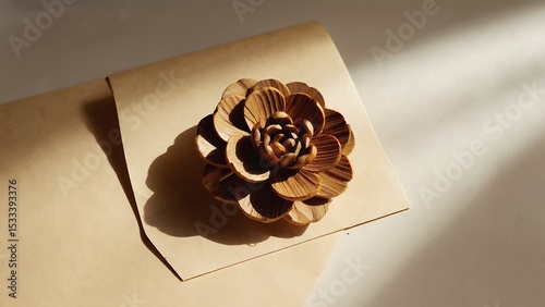 Wooden rose brooch on craft paper