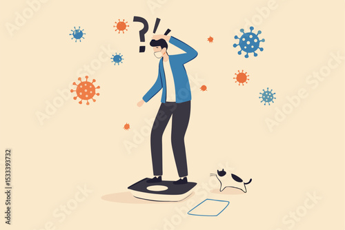 People gained weight, fat no exercise during self quarantine stay at home in COVID-19 Coronavirus social distancing concept, big fat man standing on weighing apparatus shock after see his weight.
