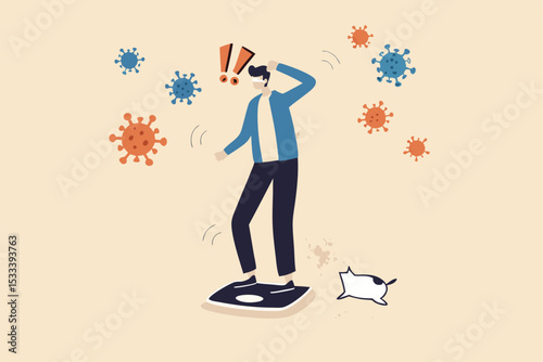 People gained weight, fat no exercise during self quarantine stay at home in COVID-19 Coronavirus social distancing concept, big fat man standing on weighing apparatus shock after see his weight.
