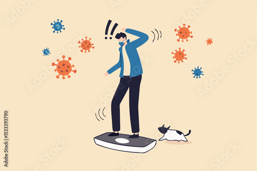 People gained weight, fat no exercise during self quarantine stay at home in COVID-19 Coronavirus social distancing concept, big fat man standing on weighing apparatus shock after see his weight.
