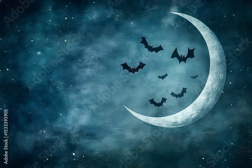 Spooky halloween night scene with bats flying around a crescent moon in the dark sky