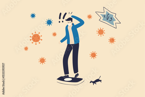 People gained weight, fat no exercise during self quarantine stay at home in COVID-19 Coronavirus social distancing concept, big fat man standing on weighing apparatus shock after see his weight.

