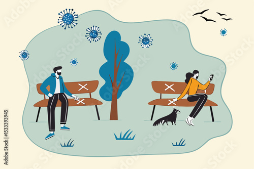 Social distancing Coronavirus COVID-19 pandemic, new normal people wearing protective mask keep distance away in public concept, people sitting keep distance away in public park with sign on chairs.