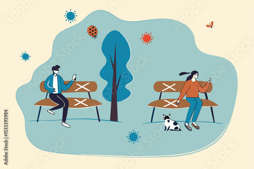 Social distancing Coronavirus COVID-19 pandemic, new normal people wearing protective mask keep distance away in public concept, people sitting keep distance away in public park with sign on chairs.