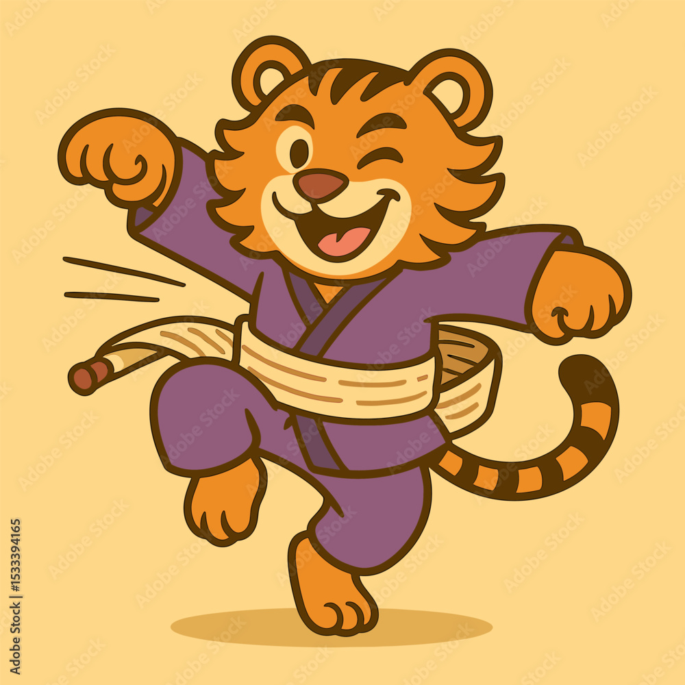 Obraz premium A funny cartoon tiger jumping in a dynamic kung fu pose, winking, with a long kung fu scroll wrapped around its body like a belt. Fluffy fur and purple outfit add charm. Plain background.