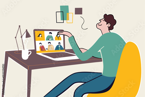 Work from home video conference meeting with team in social distancing Coronavirus COVID-19 pandemic concept, office guy stay home working at home chair conference meeting with team on laptop computer