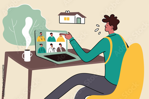 Work from home video conference meeting with team in social distancing Coronavirus COVID-19 pandemic concept, office guy stay home working at home chair conference meeting with team on laptop computer