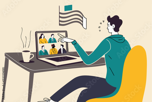 Work from home video conference meeting with team in social distancing Coronavirus COVID-19 pandemic concept, office guy stay home working at home chair conference meeting with team on laptop computer