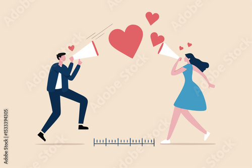Social distancing valentine, lover couple telling I love you by keeping distance away due to COVID-19 Coronavirus concept, lovely boyfriend and girlfriend speak through megaphone with love heart shape