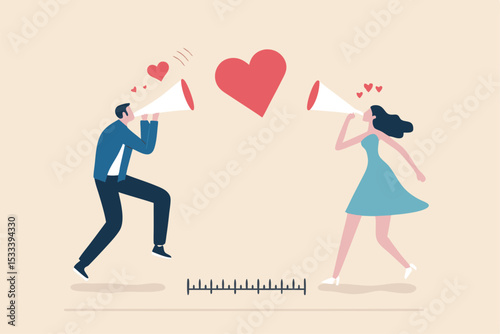 Social distancing valentine, lover couple telling I love you by keeping distance away due to COVID-19 Coronavirus concept, lovely boyfriend and girlfriend speak through megaphone with love heart shape
